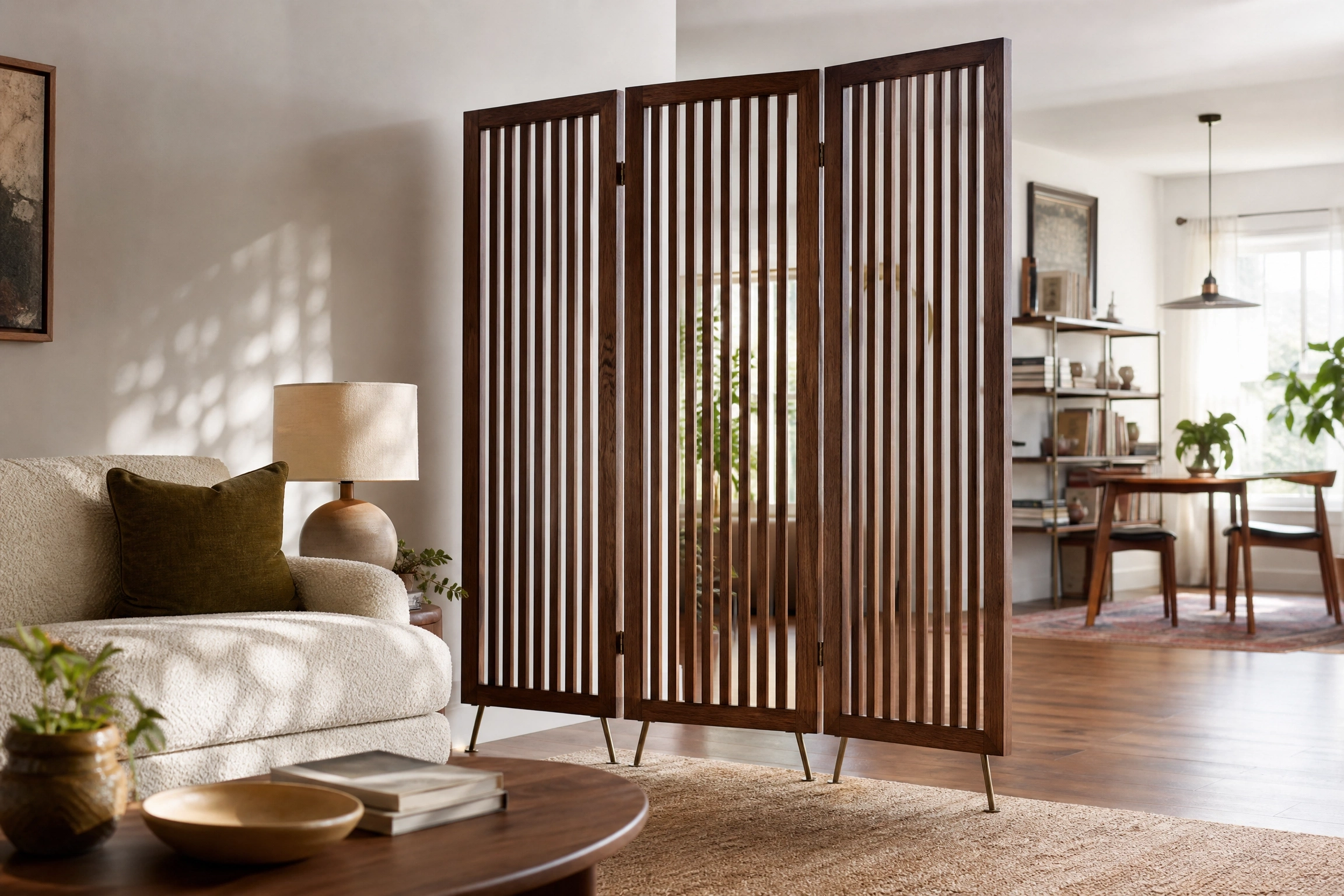 Mid-century modern walnut slatted divider screen with angled legs separating a living room and dining area.