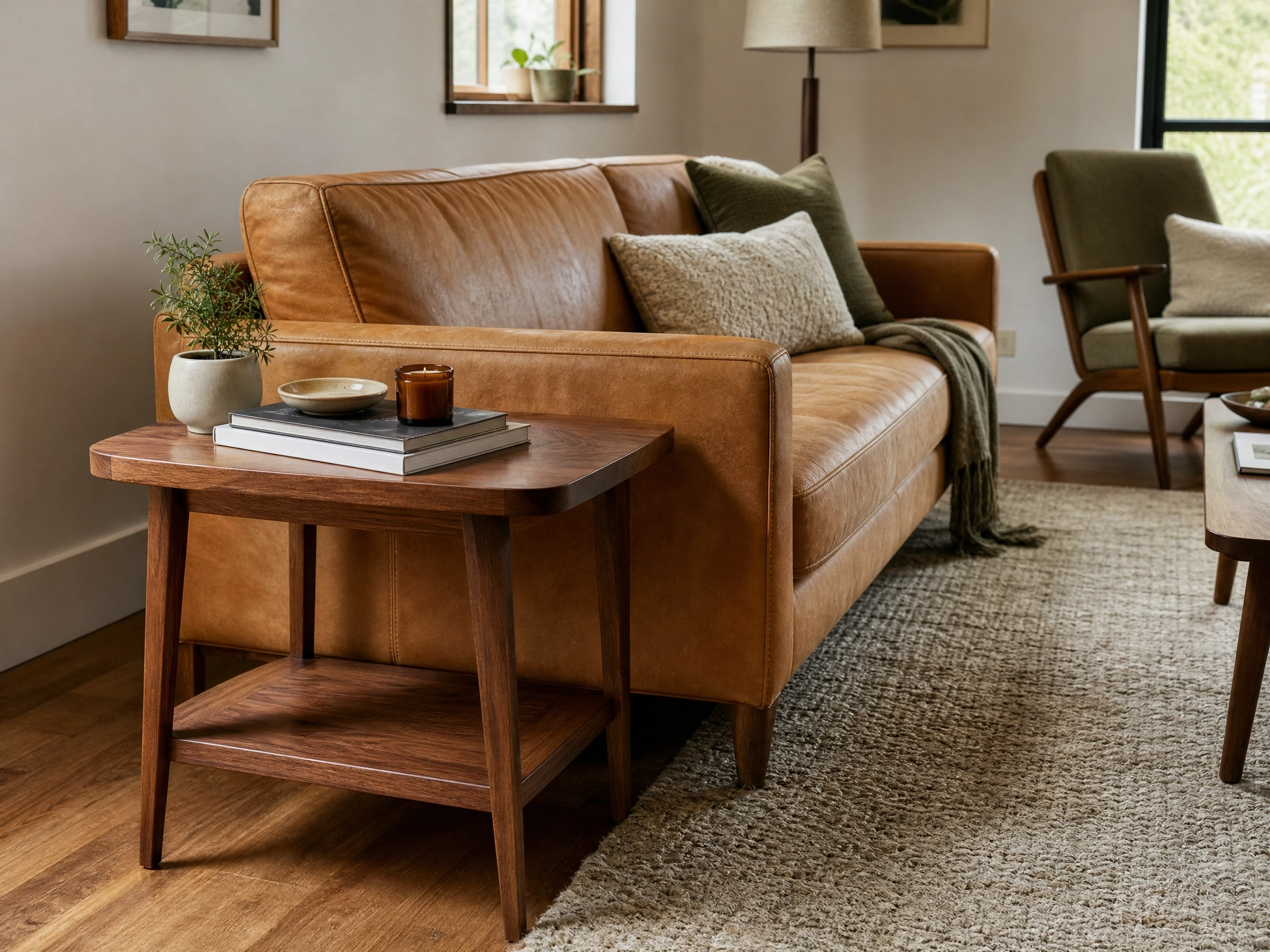 Mid-century living room with tan leather sofa and walnut side table beside a neutral textured rug
