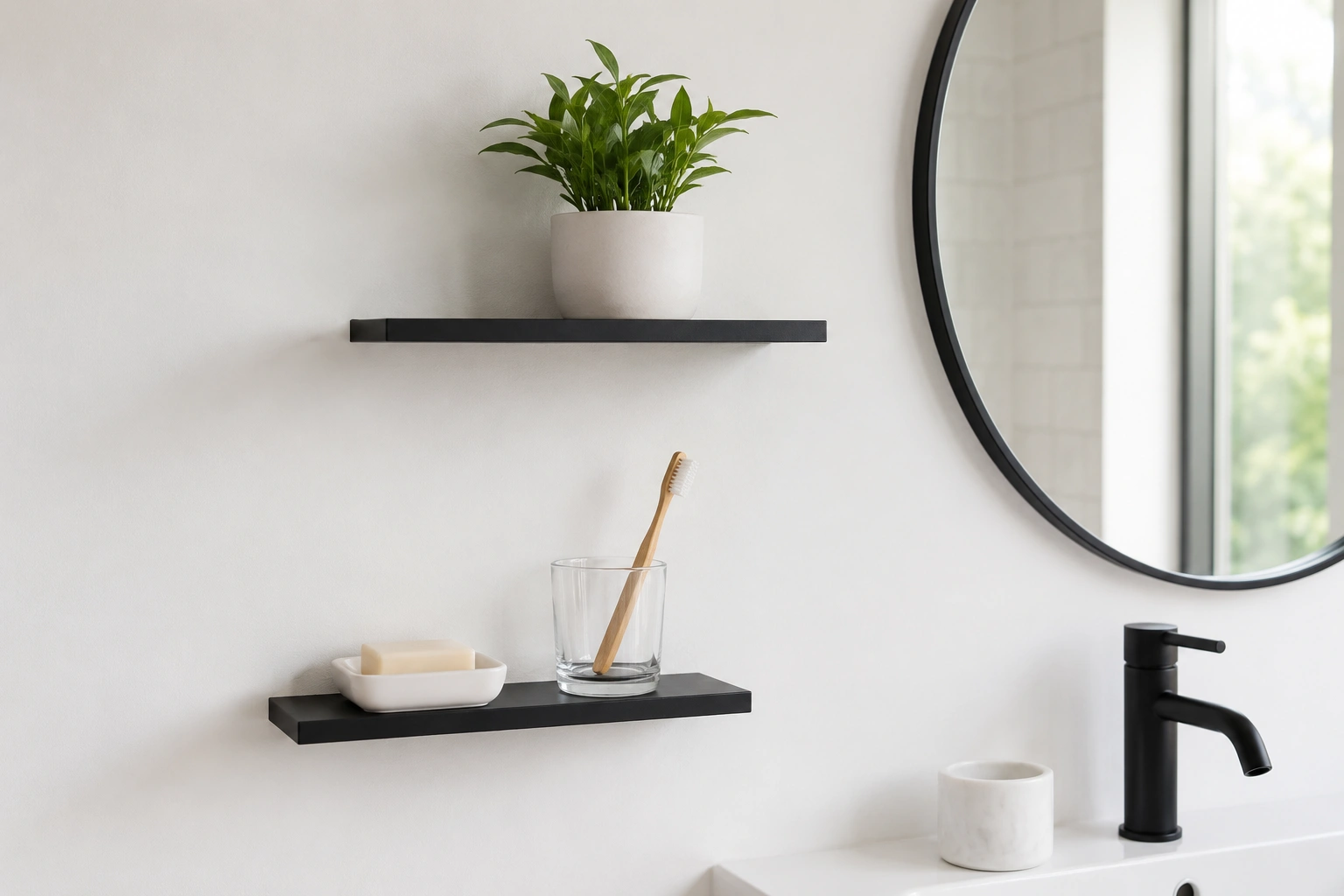 Minimalist black metal floating shelves with a plant, soap dish, and toothbrush beside a round bathroom mirror.