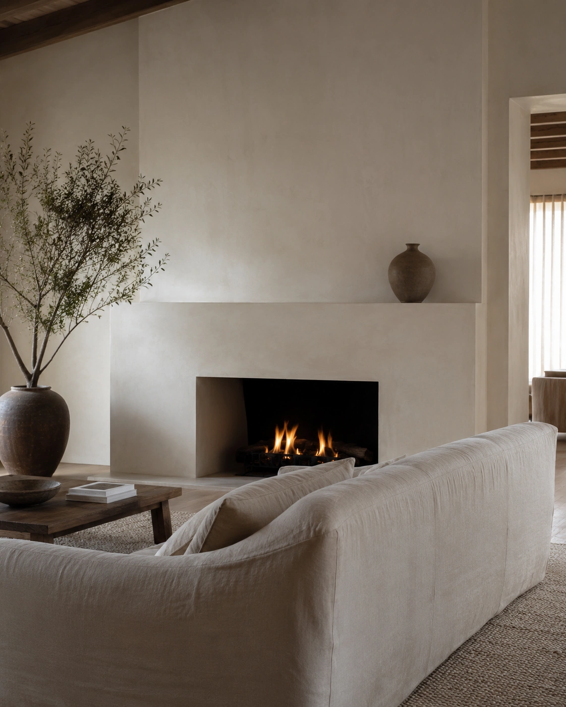 Minimalist plaster fireplace in a neutral modern living room with linen sofa and warm fire.