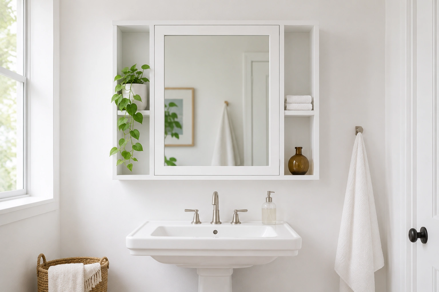 Mirror cabinet with built-in side shelves above a white pedestal sink, styled with plant, towels and amber bottle.