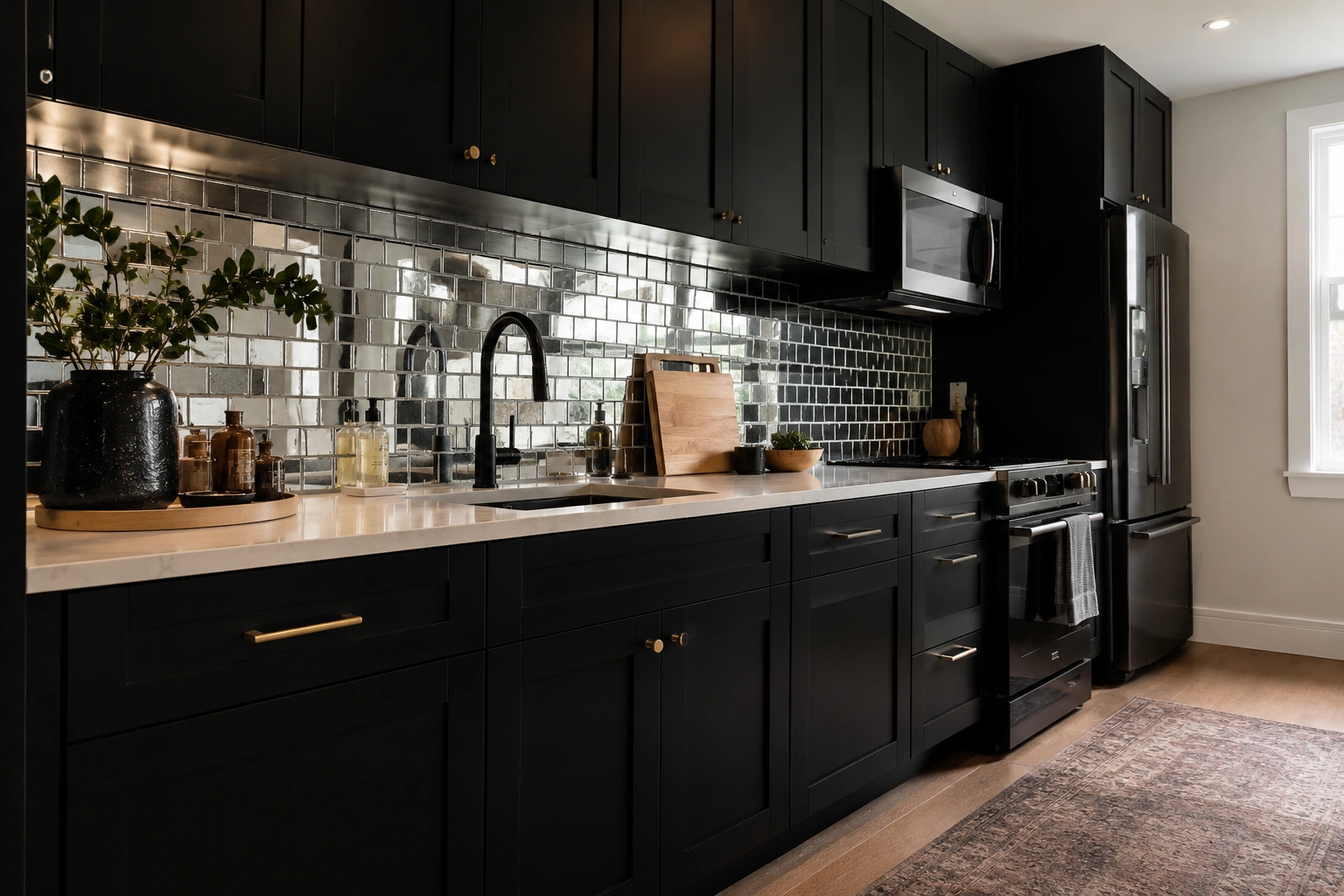 Small black kitchen with mirrored glass tile backsplash reflecting light over white countertops