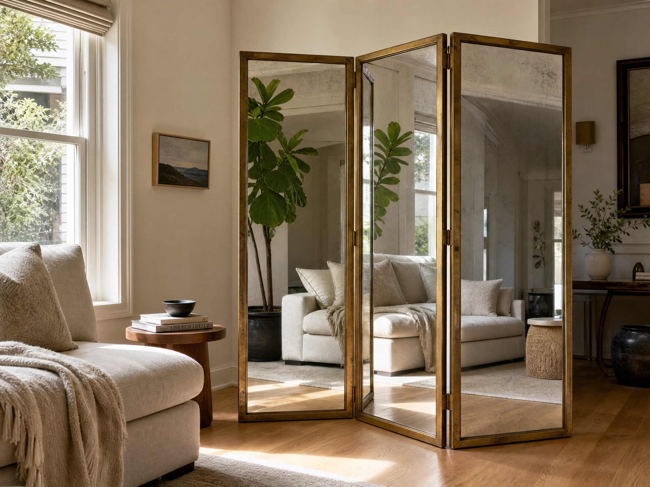 Mirrored screen panel divider visually expands a small neutral living room.