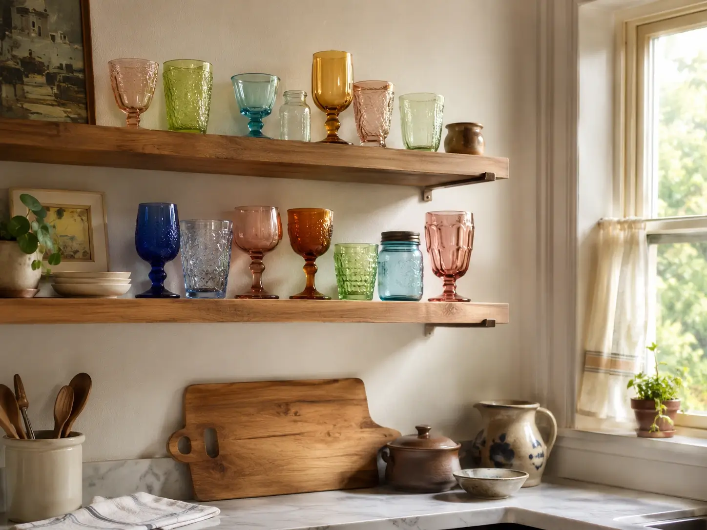 Mismatched antique glassware displayed on open wooden kitchen shelves beside a sunny window