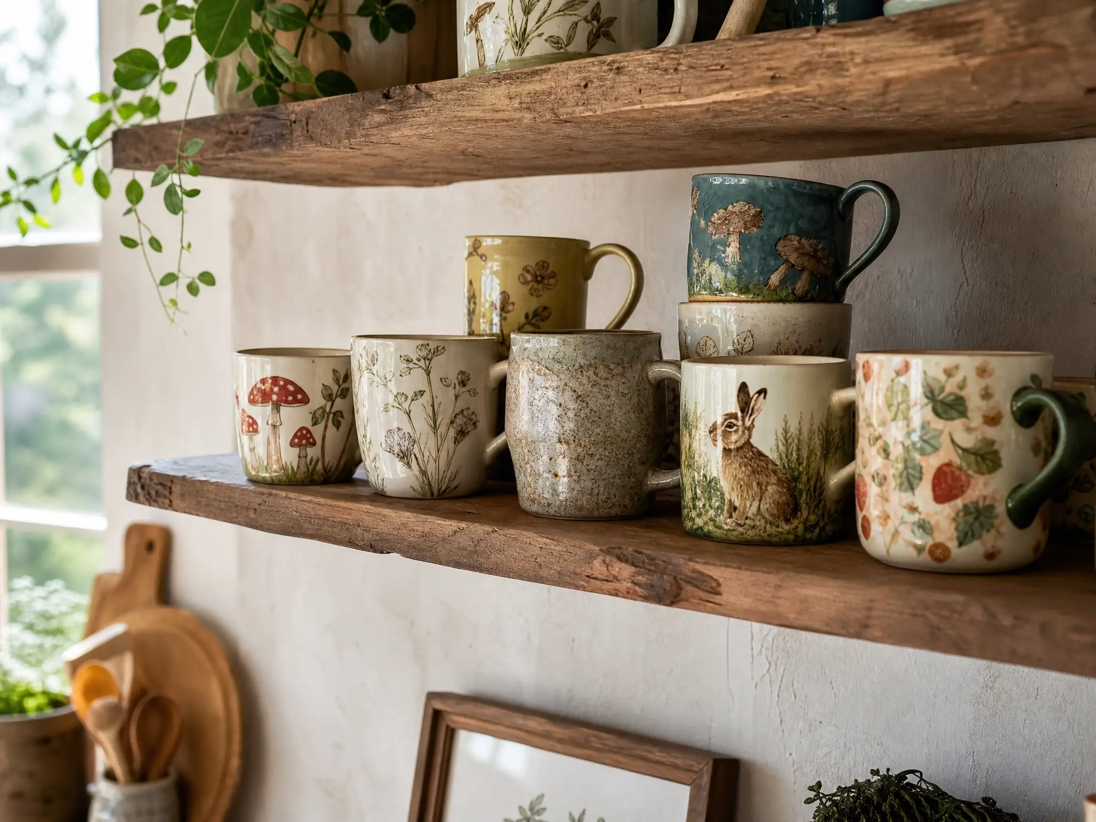 Mismatched ceramic mugs with botanical and woodland designs on rustic open kitchen shelves.
