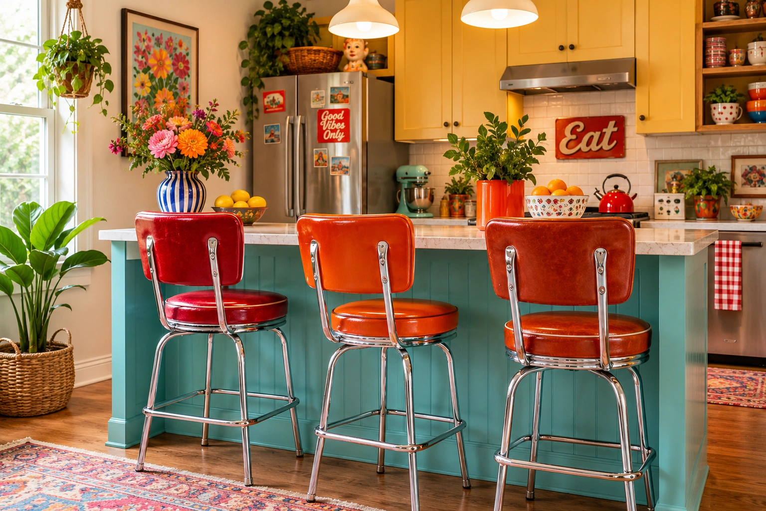 Mismatched red and orange retro bar stools at a turquoise kitchen island with colorful vintage decor