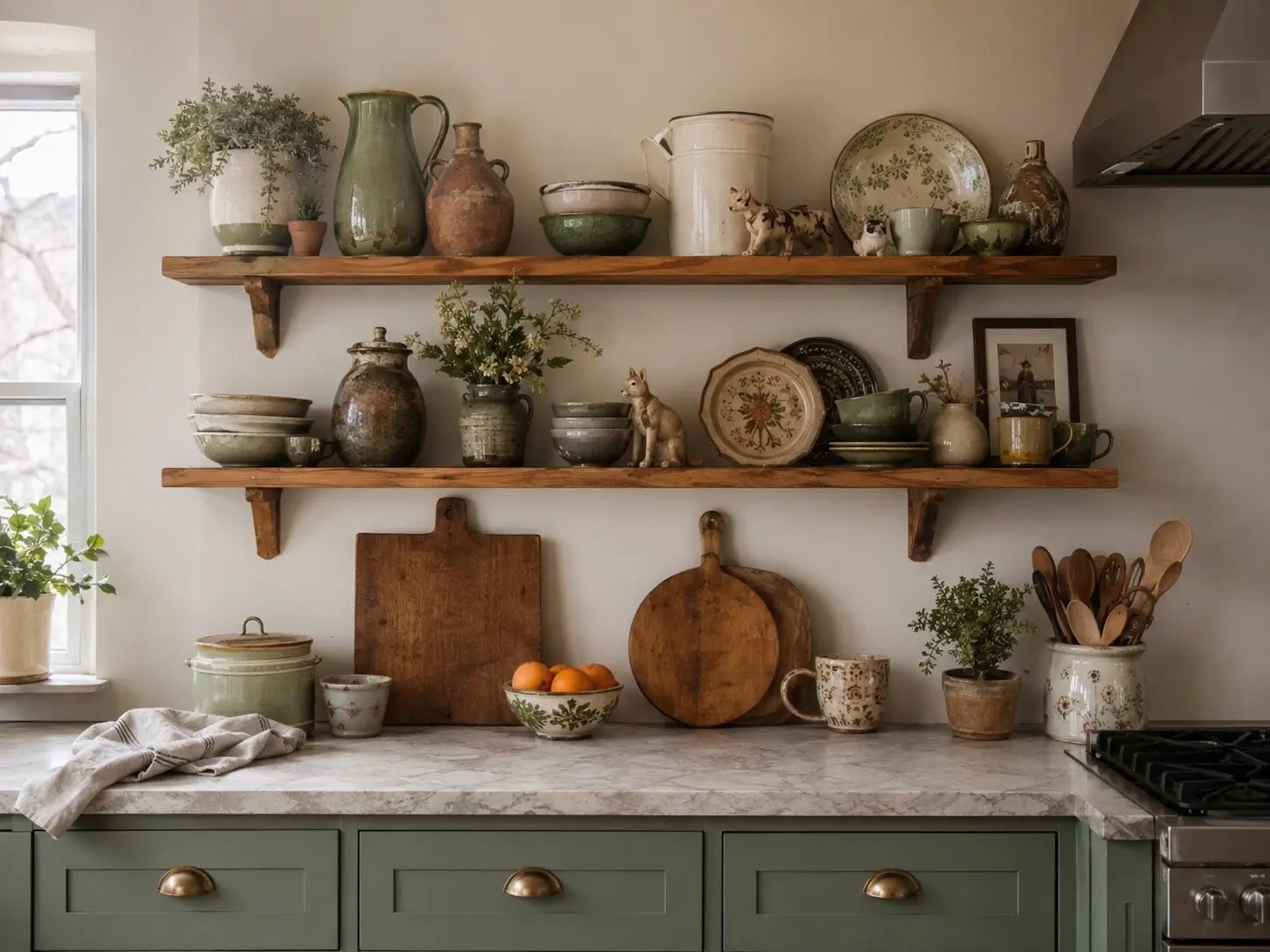 Open kitchen shelves styled with mismatched vintage ceramics, sage cabinets, wood boards, and cottage decor.