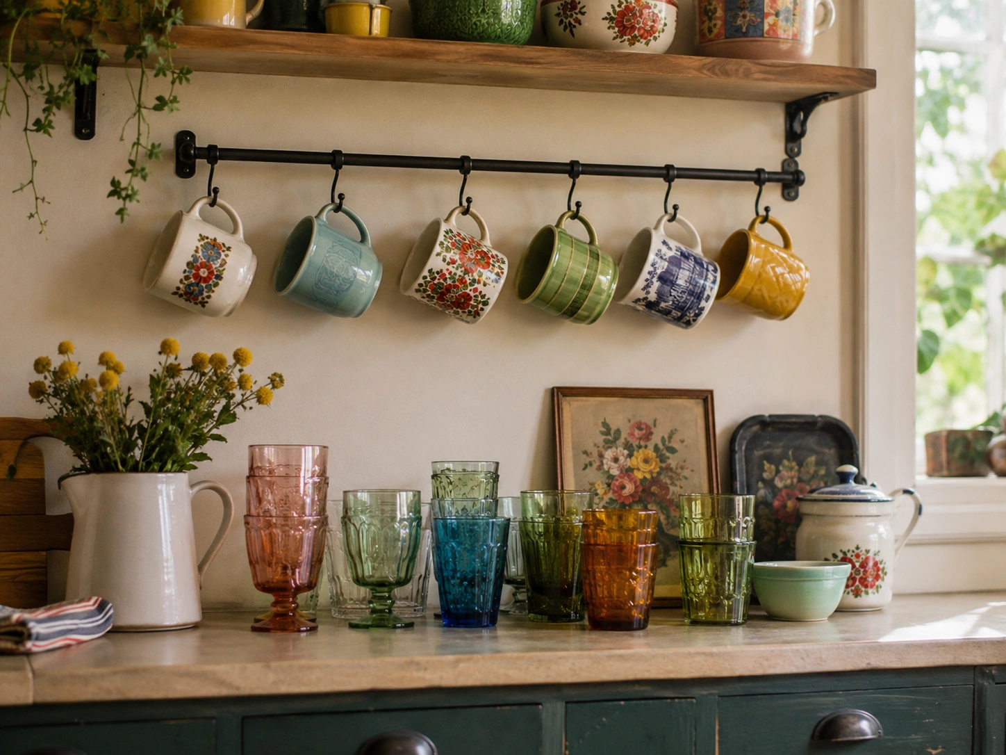 Mismatched vintage mugs and colorful glassware displayed on open shelves in a cozy cottage kitchen.