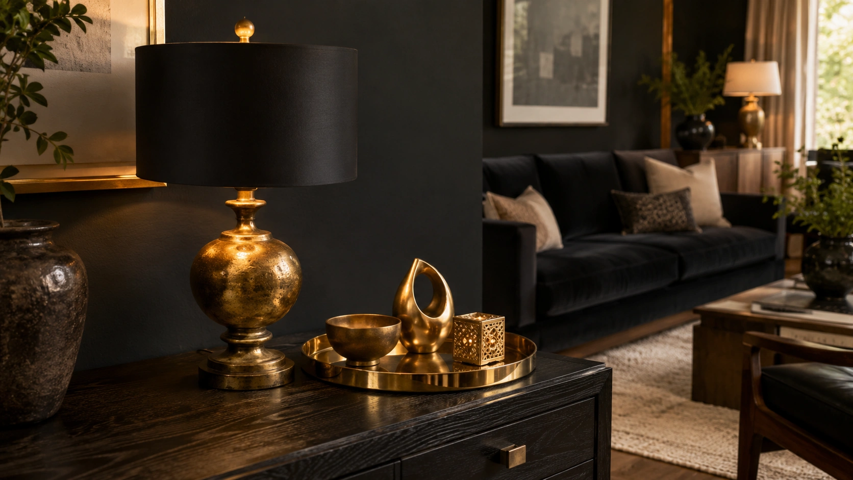 Antique brass lamp and mixed gold tray vignette in a moody black living room