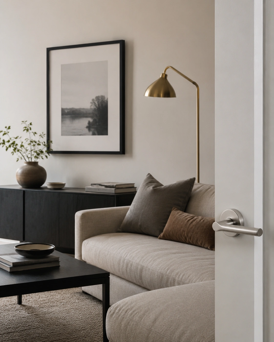 Modern living room with brass floor lamp, black frame, and brushed nickel door handle.