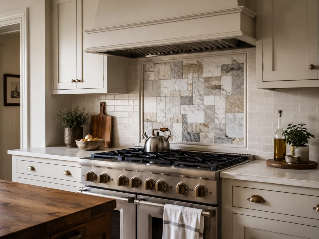 Mixed stone mosaic focal panel behind a range in a luxury cream kitchen.