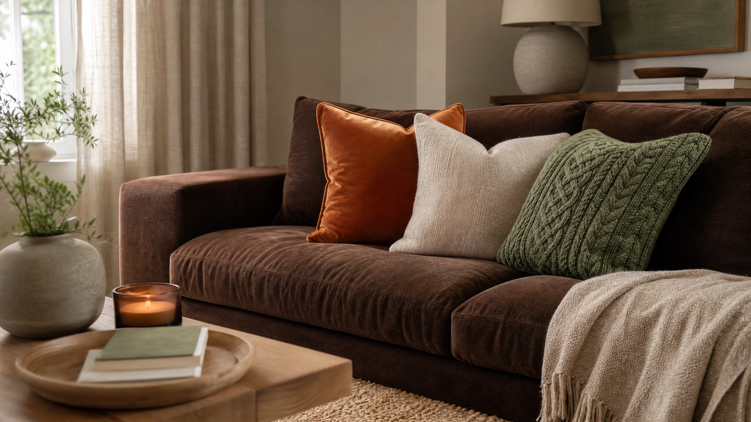 Velvet rust, cream linen and chunky green knit pillows layered on a chocolate brown sofa in a cozy living room.