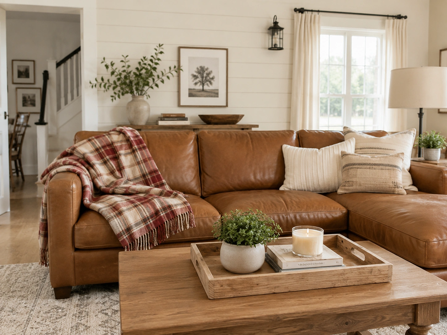 Modern farmhouse living room with tan leather couch, plaid throw blanket, wooden tray, and neutral pillows.