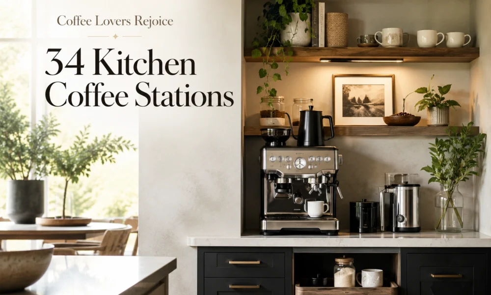 Modern kitchen coffee station with espresso machine, open wood shelves, mugs, plants, and soft natural light.