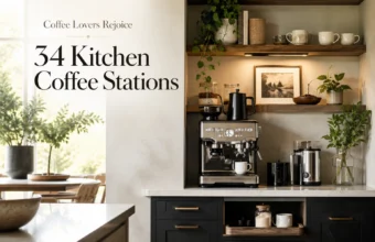 Modern kitchen coffee station with espresso machine, open wood shelves, mugs, plants, and soft natural light.