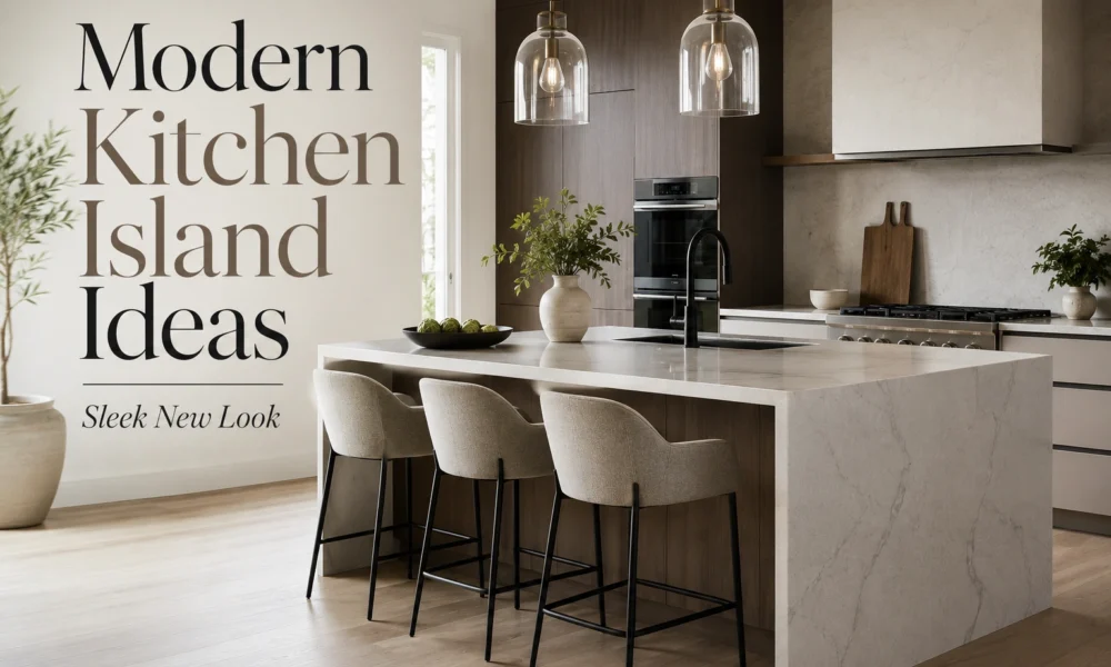 Modern kitchen island with waterfall marble countertop, wood cabinets, pendant lights and bar stools