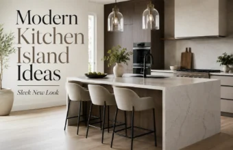 Modern kitchen island with waterfall marble countertop, wood cabinets, pendant lights and bar stools