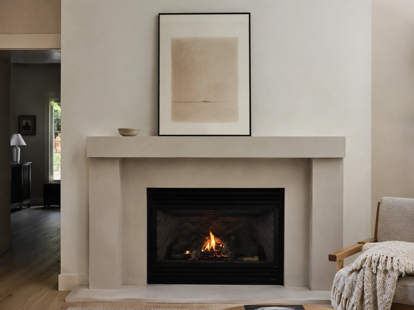 Modern minimalist fireplace mantel with a single framed abstract artwork above a neutral stone surround.