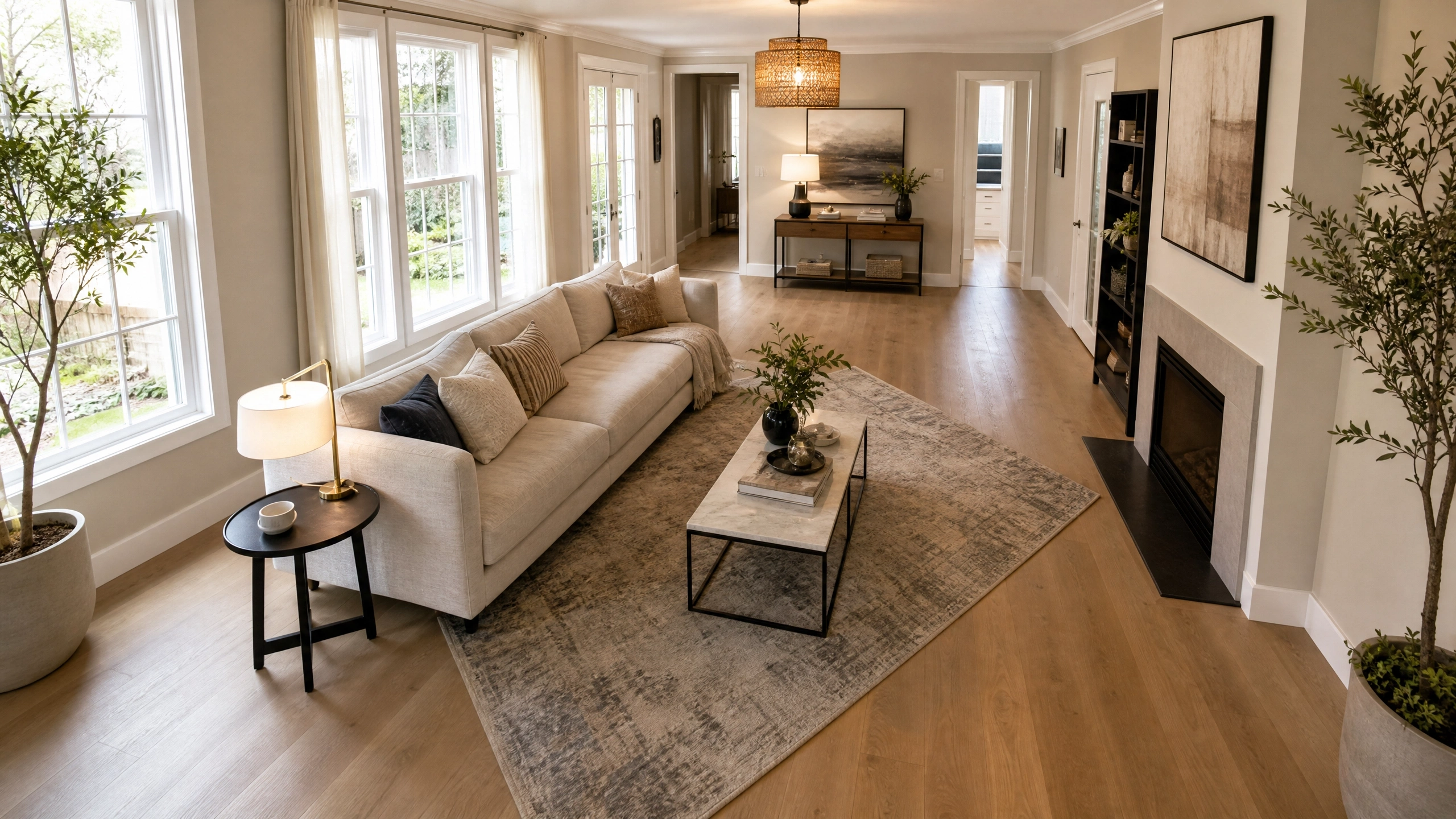 Modern neutral living room with cream sofa, fireplace, large windows, area rug, and indoor olive trees.