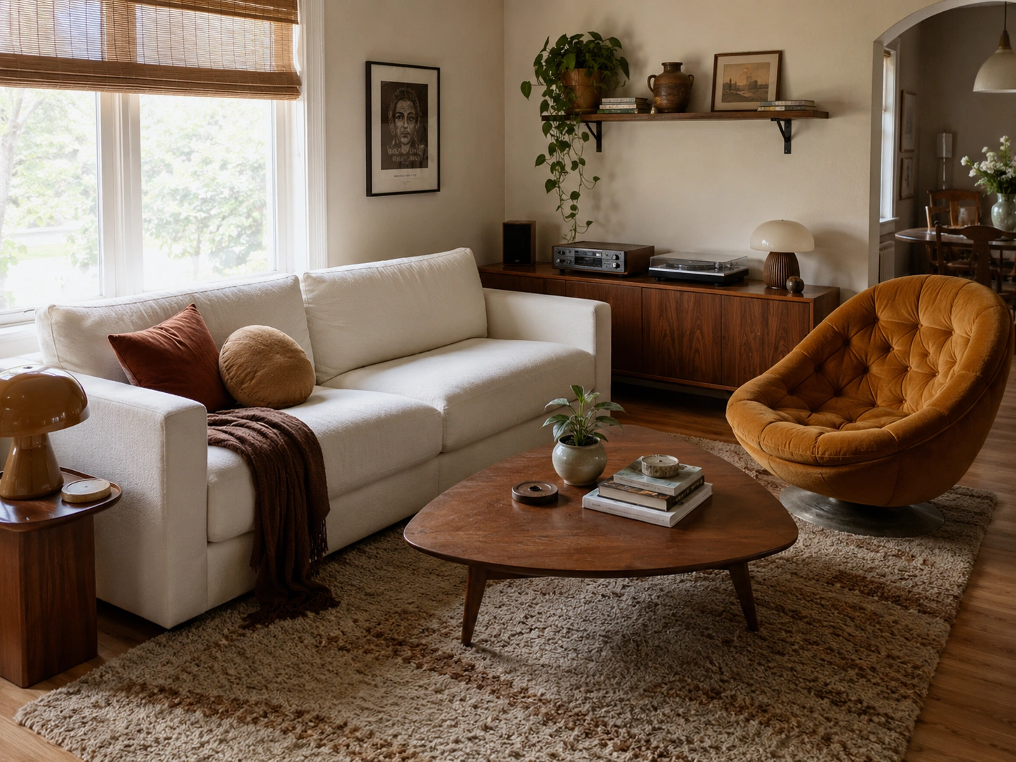Modern cream sofa paired with a bold burnt orange 70s chair in a warm boho living room.