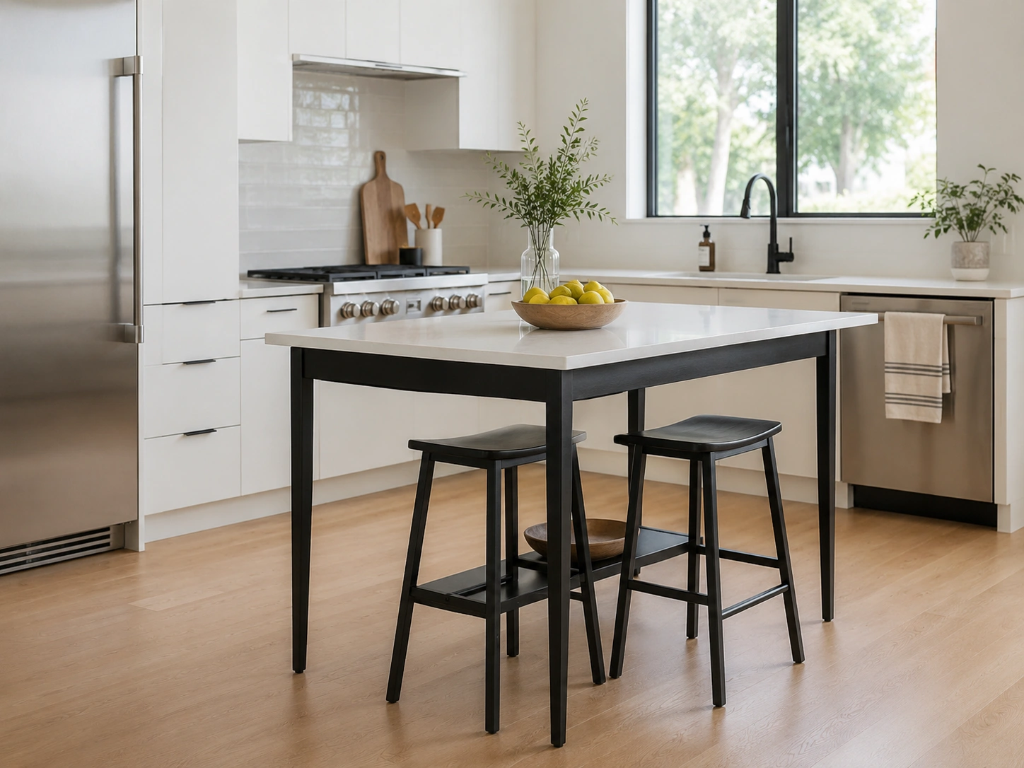 Modern white kitchen with black furniture-style island base, white countertop, stools, and warm wood flooring.