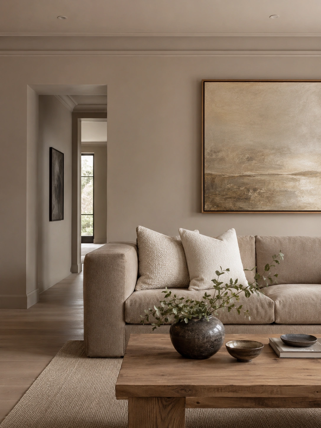 Monochromatic greige living room with taupe sofa, abstract wall art, and rustic wood coffee table.