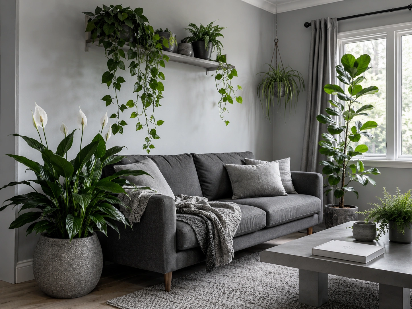 Monochromatic grey living room with cascading green plants, grey sofa, and indoor greenery by a window.
