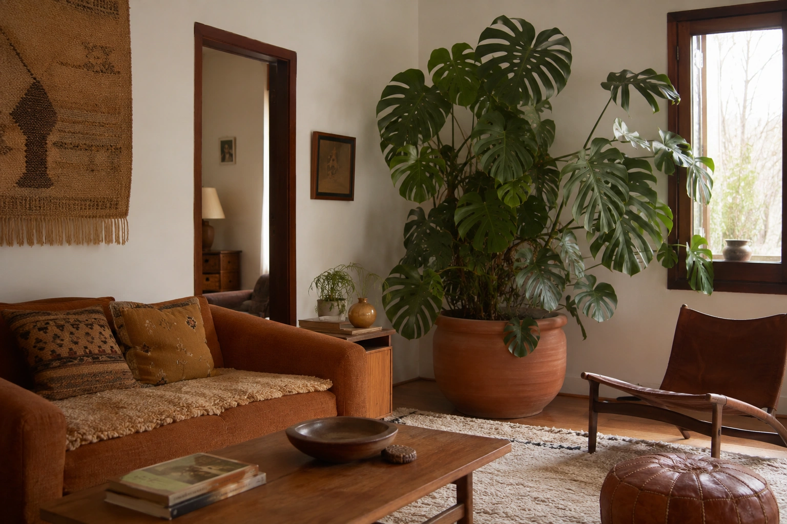 Large monstera in a wide terracotta pot beside a brown sofa in a warm boho living room.