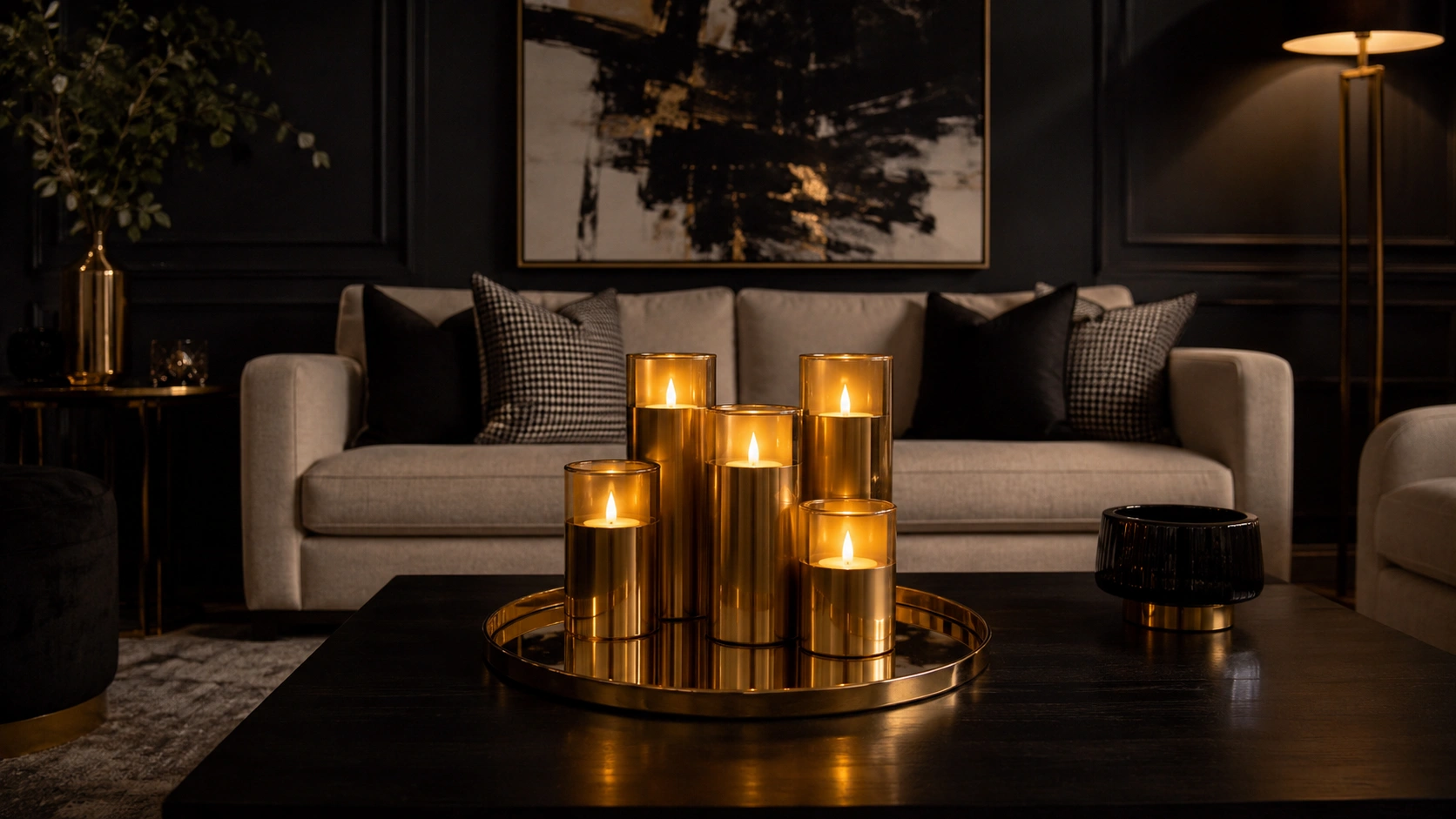 Clustered gold candle holders glowing on a dark coffee table in a moody black living room.
