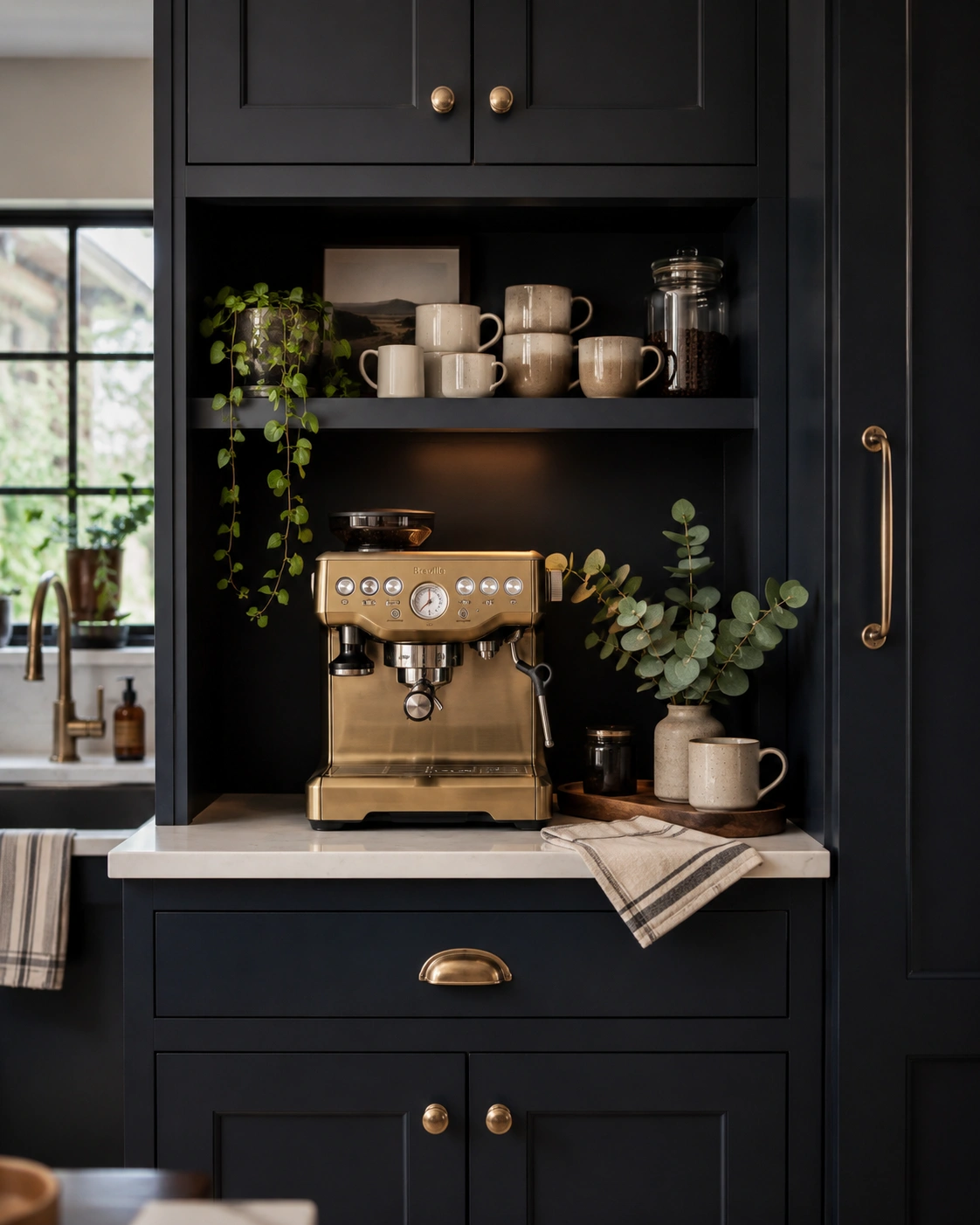 Moody dark-painted cabinet coffee zone with brass espresso machine, open mug shelf, marble counter, and greenery.