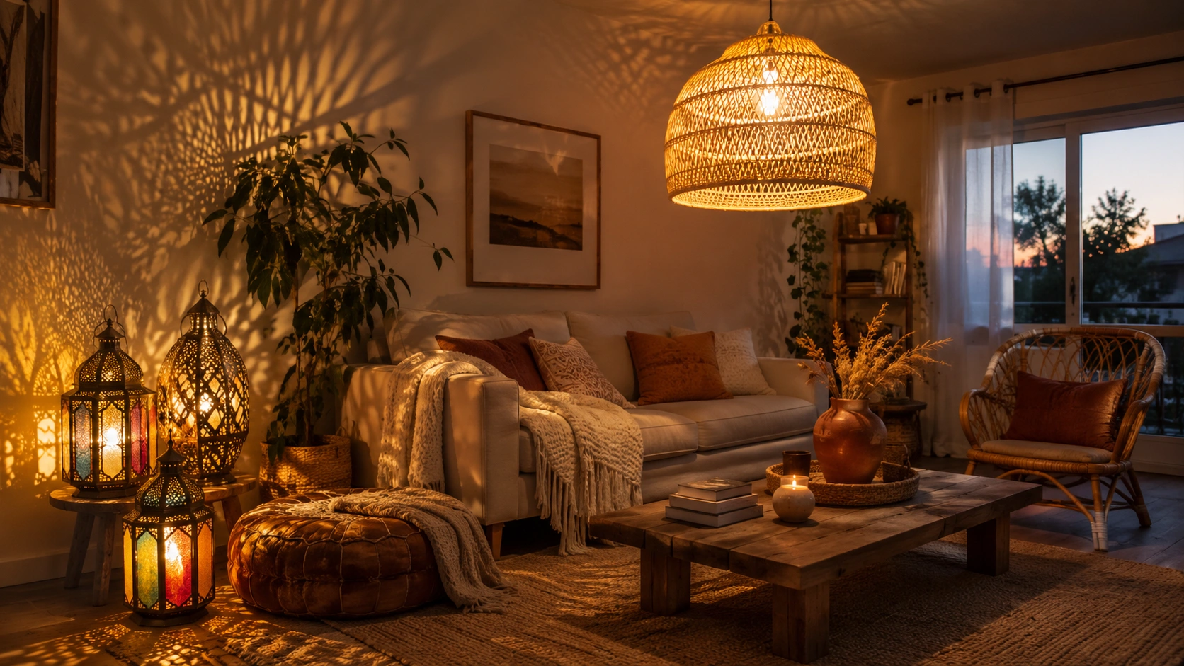 Moroccan lanterns and a rattan pendant light casting warm shadows in a cozy bohemian living room.