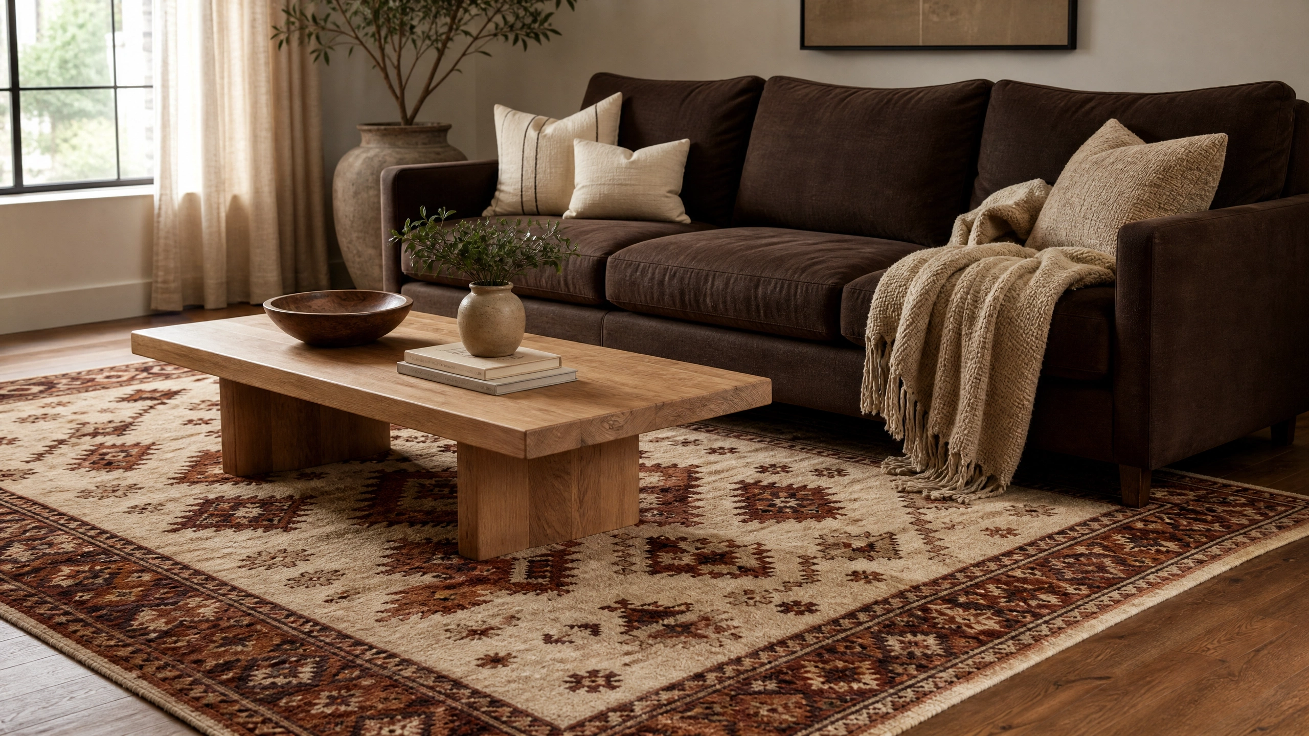 Rust and cream Moroccan patterned rug under a dark brown sofa and wooden coffee table.