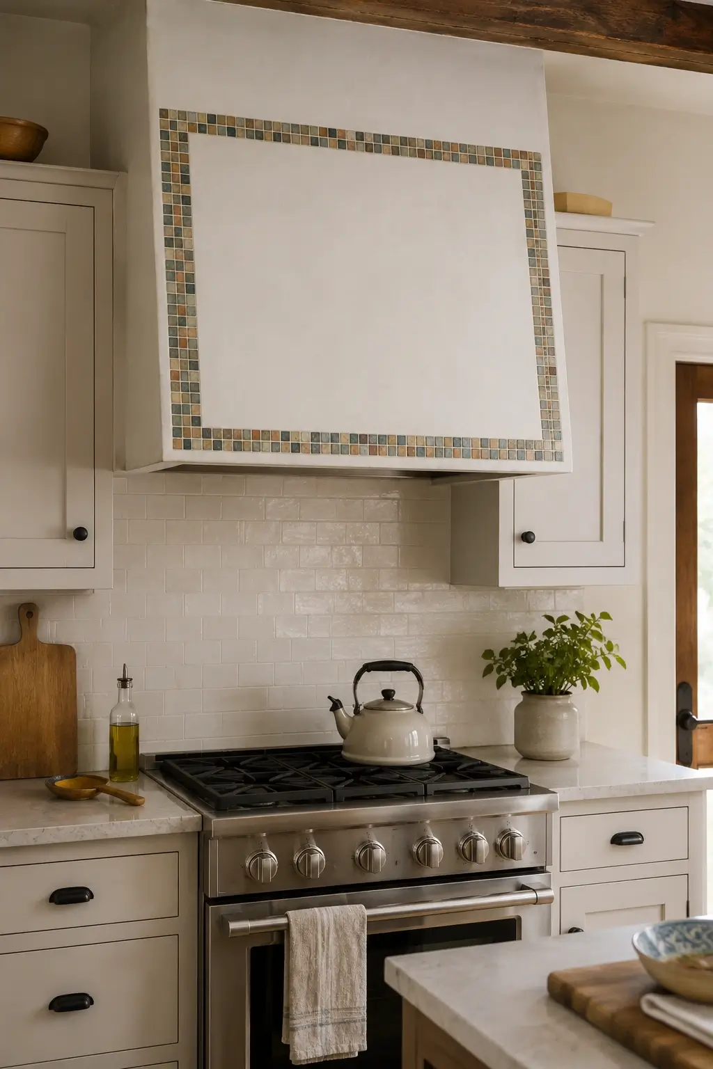 Plain white kitchen hood with a colorful mosaic border above a cream subway tile backsplash.