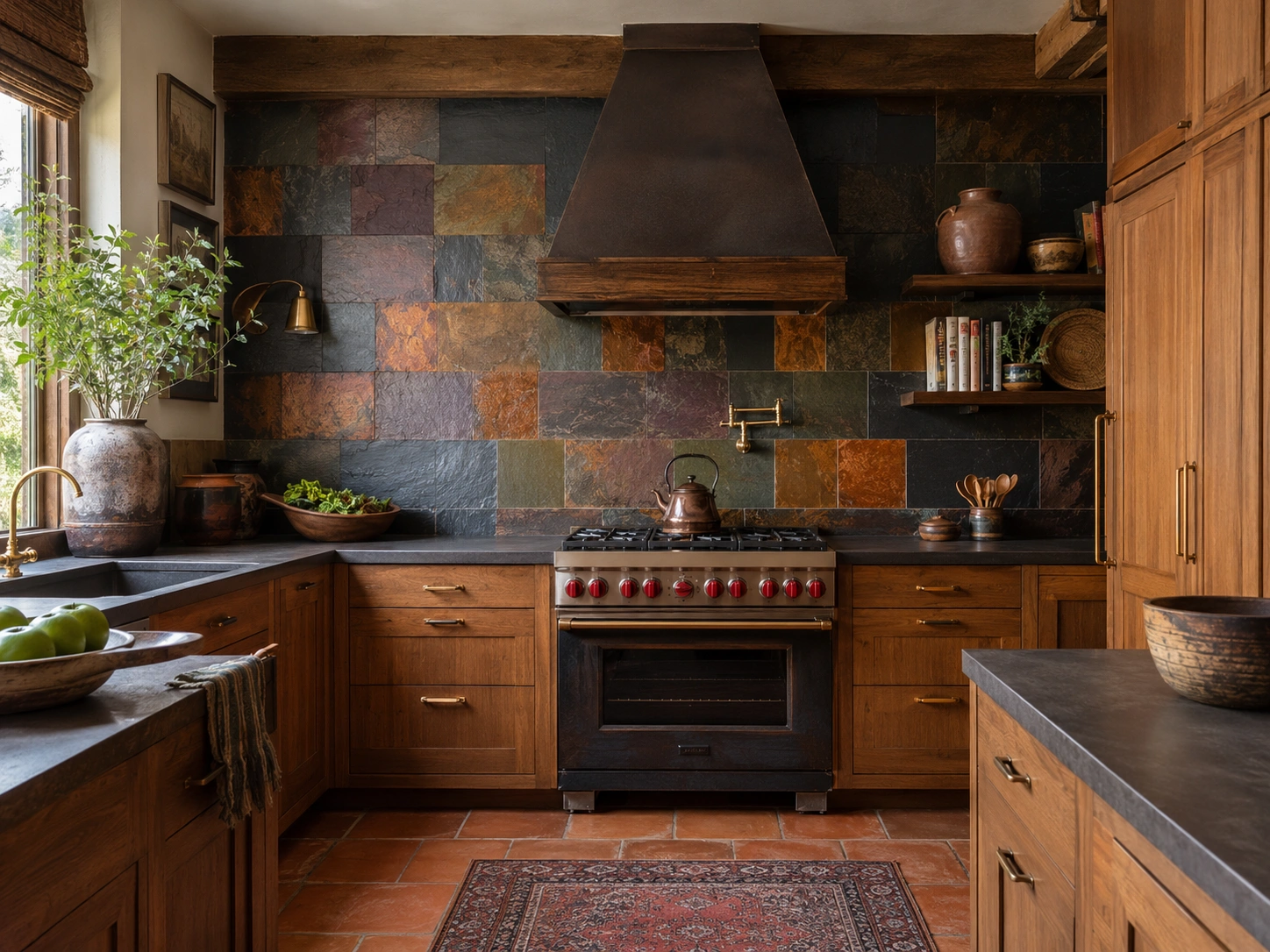 Multi-color natural slate backsplash in an earthy kitchen with wood cabinets and a dark range hood.