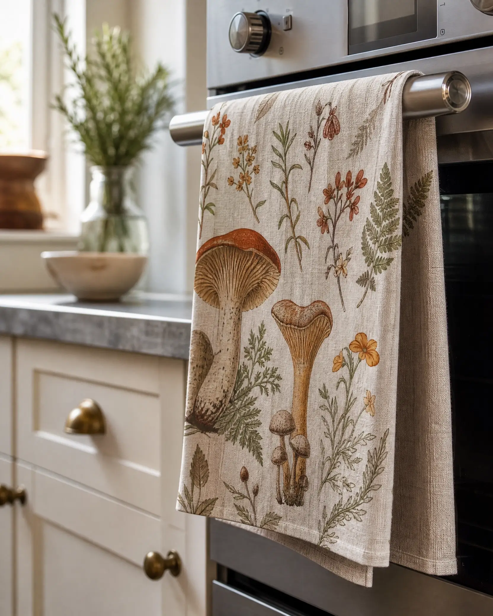 Mushroom and forest motif tea towels hanging from an oven handle in a cozy kitchen.