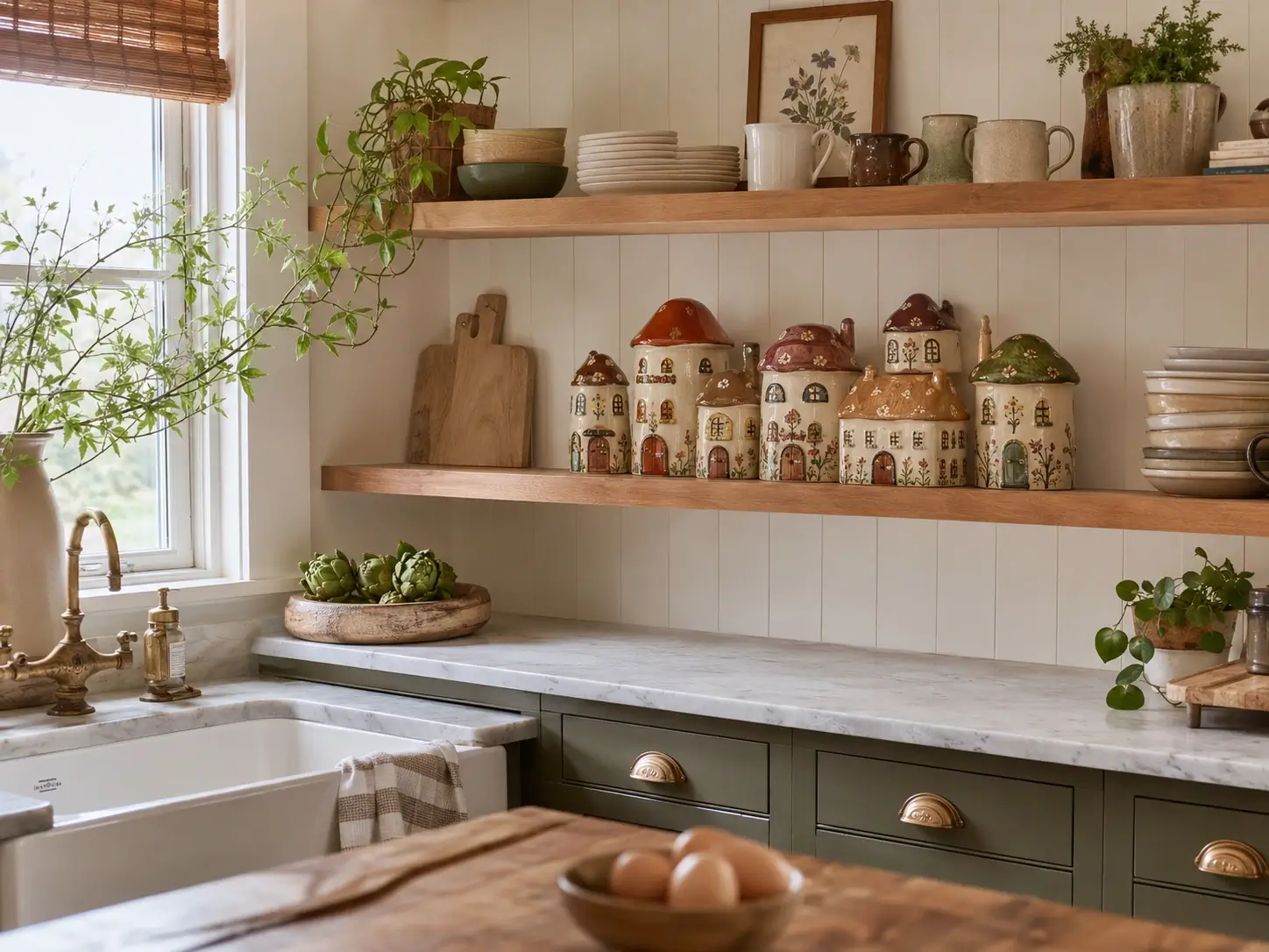 Mushroom motif canisters lined on warm wood open shelves in a cozy cottagecore kitchen.
