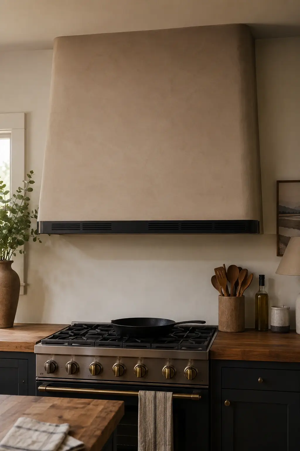 Mushroom plaster kitchen hood with matte black vent strip above stainless range and wood counters.
