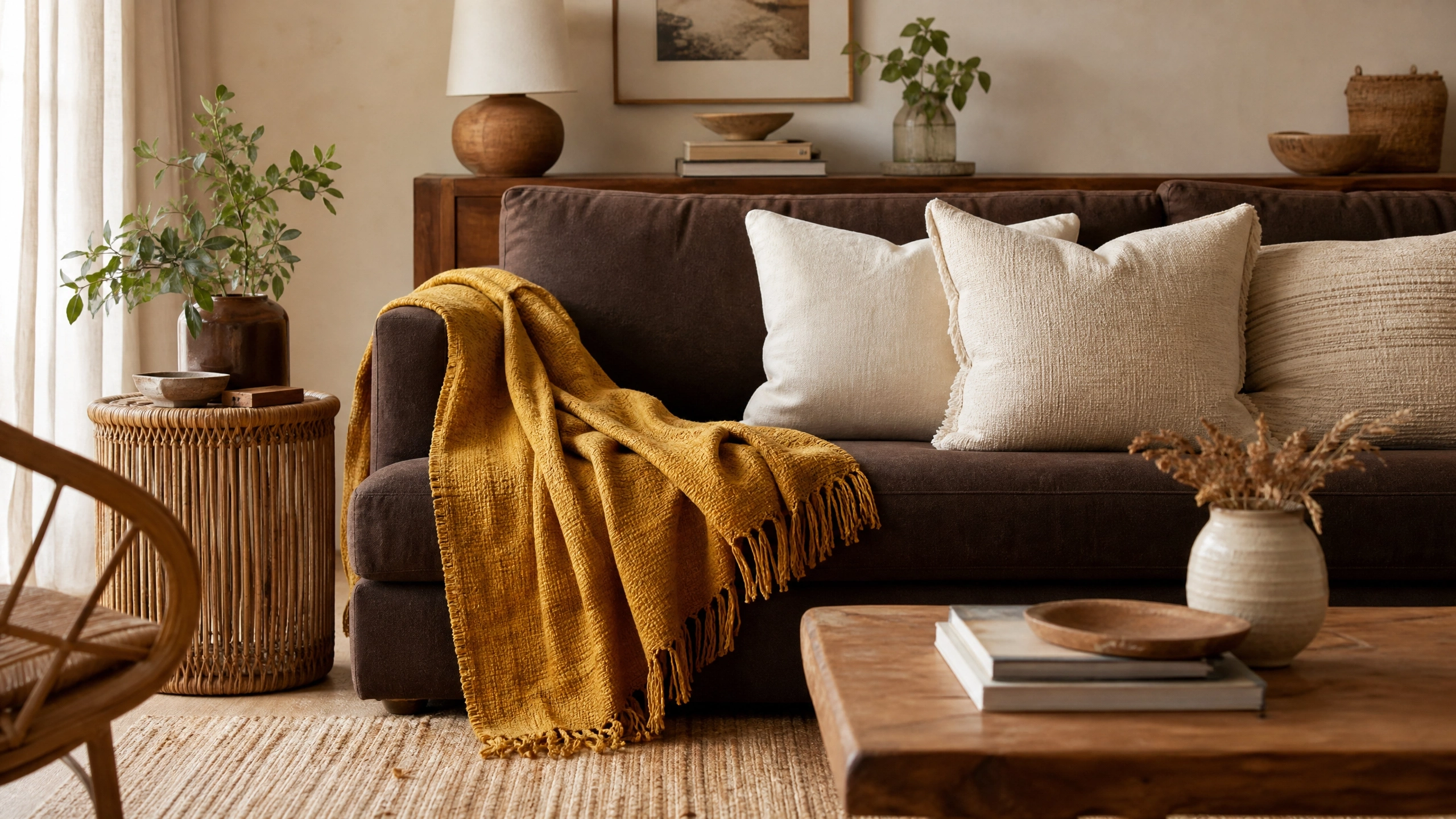 Mustard yellow vintage throw draped over a dark brown sofa with cream pillows and warm wood decor.