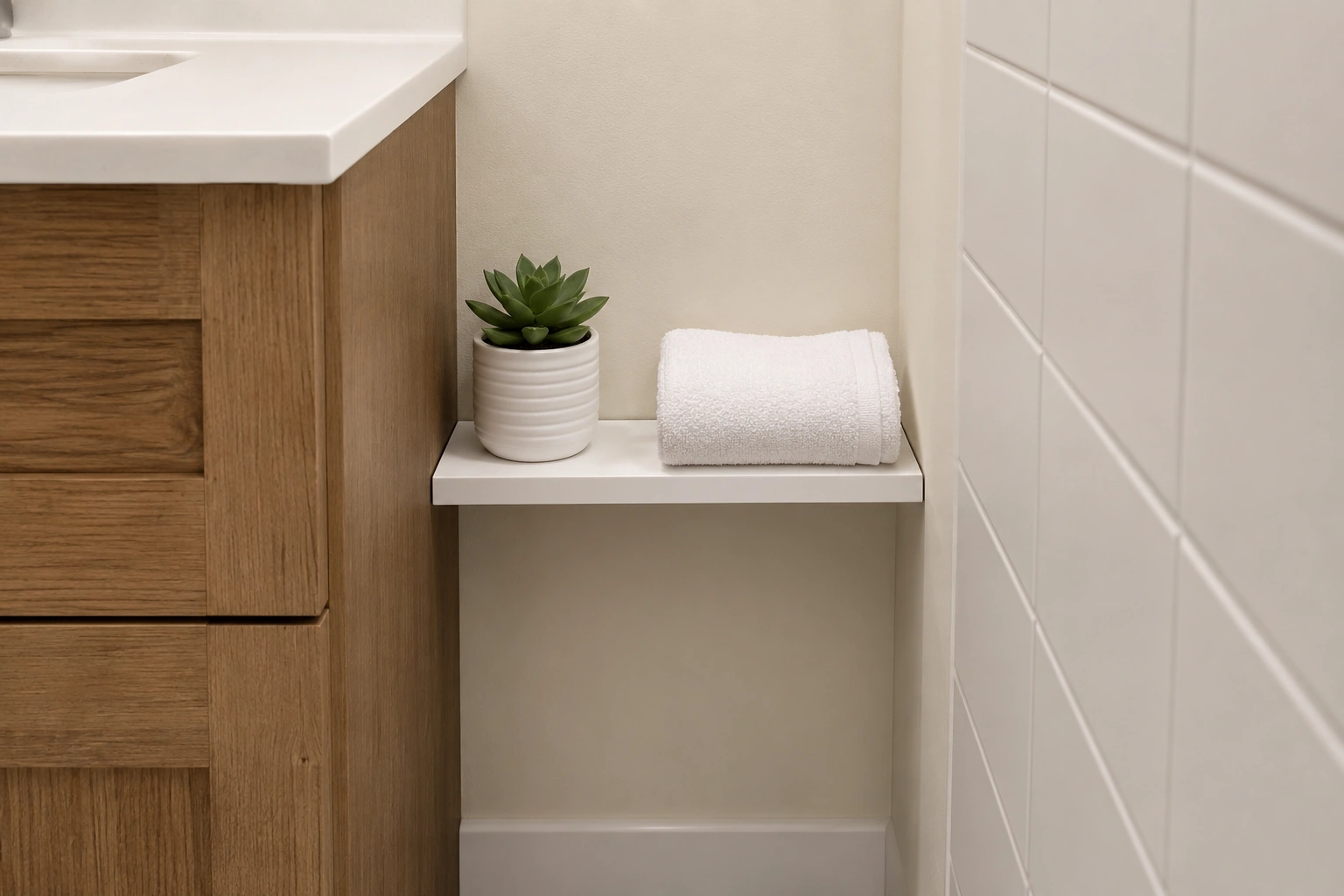Narrow white floating shelf between bathroom vanity and tiled wall with succulent and folded towel.