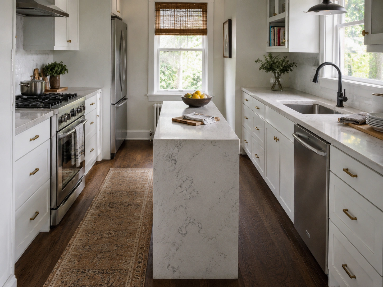 Narrow marble-look island in a white galley kitchen with brass hardware and wood floors.