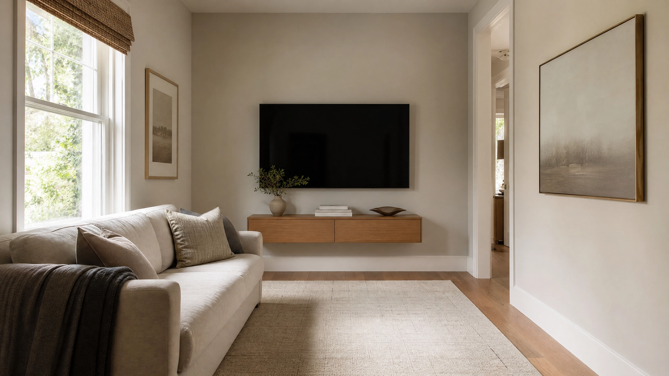 Narrow floating wood media console under wall-mounted TV in a small neutral living room.