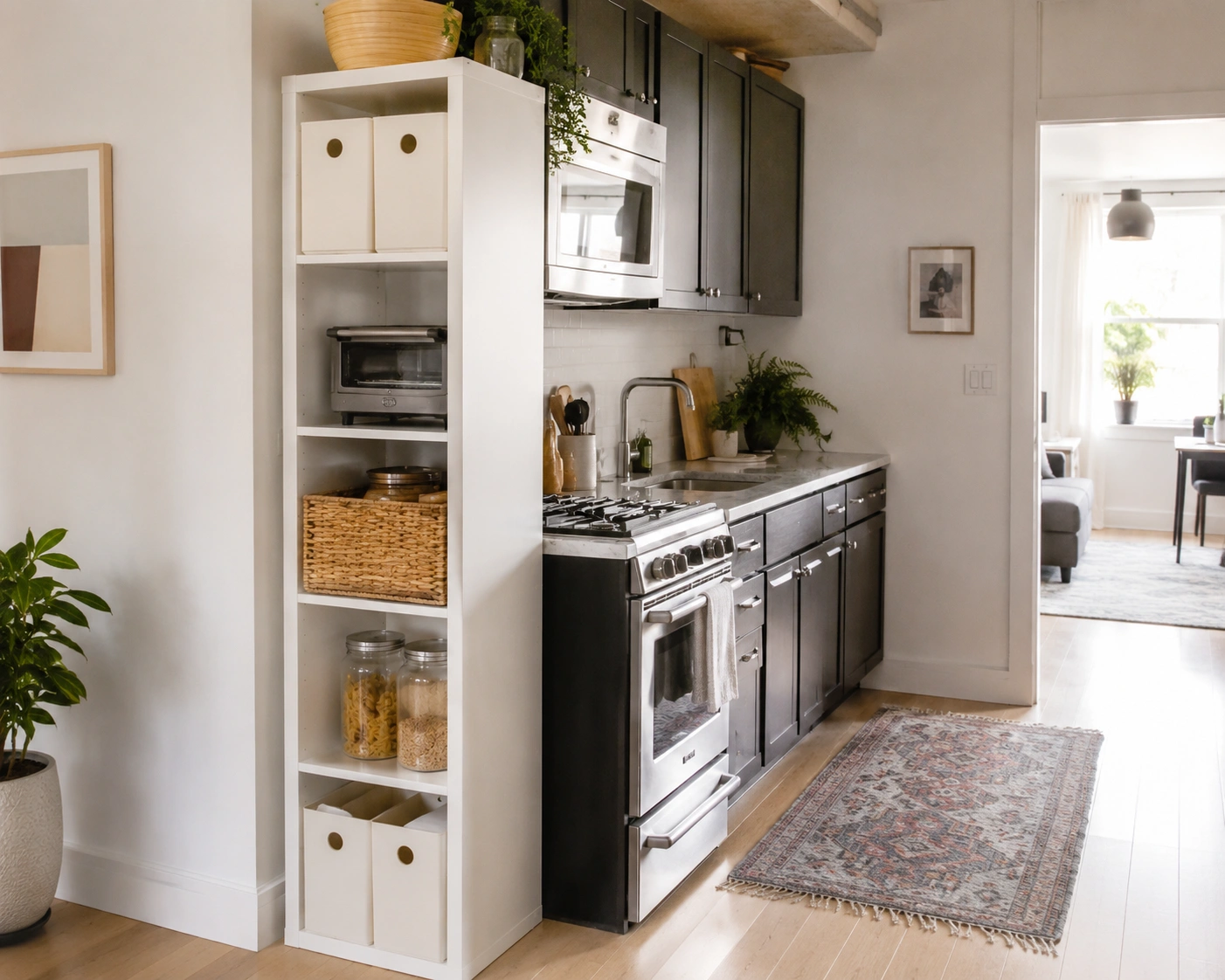 Narrow white shelving unit used as a pantry tower at the end of a compact kitchen cabinet run.