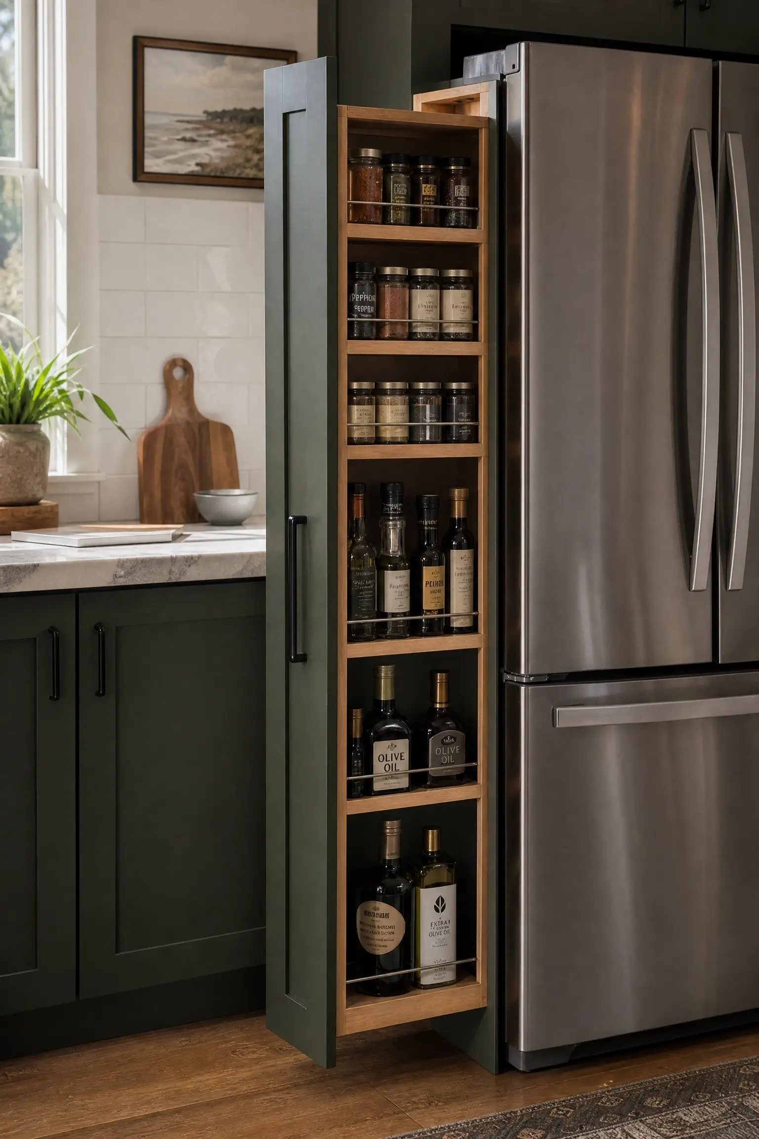 Narrow pull-out spice tower beside a stainless fridge in a green kitchen cabinet run with wood shelves.
