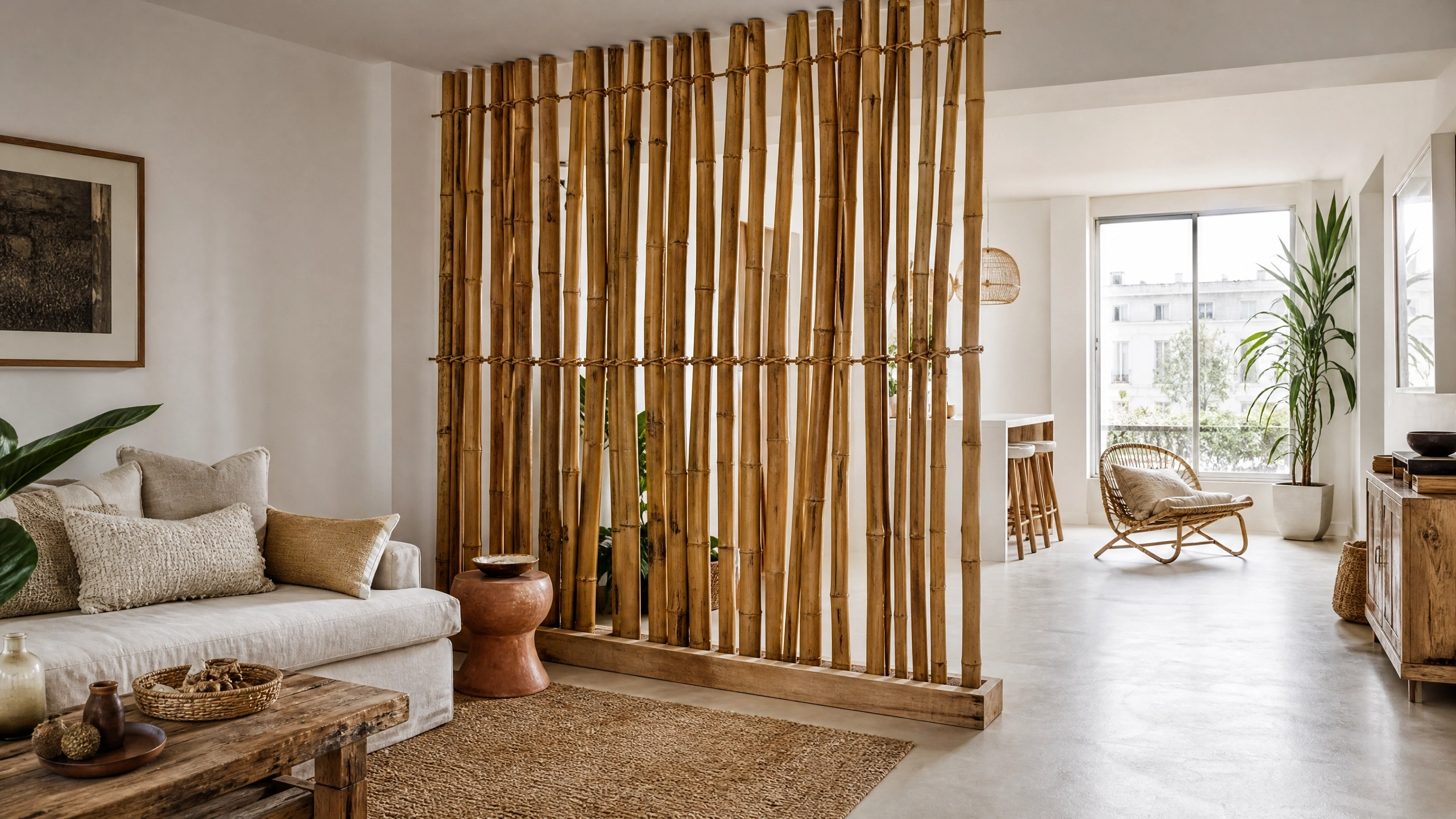 Natural bamboo pole screen dividing an airy living room with earthy neutral decor and indoor plants.