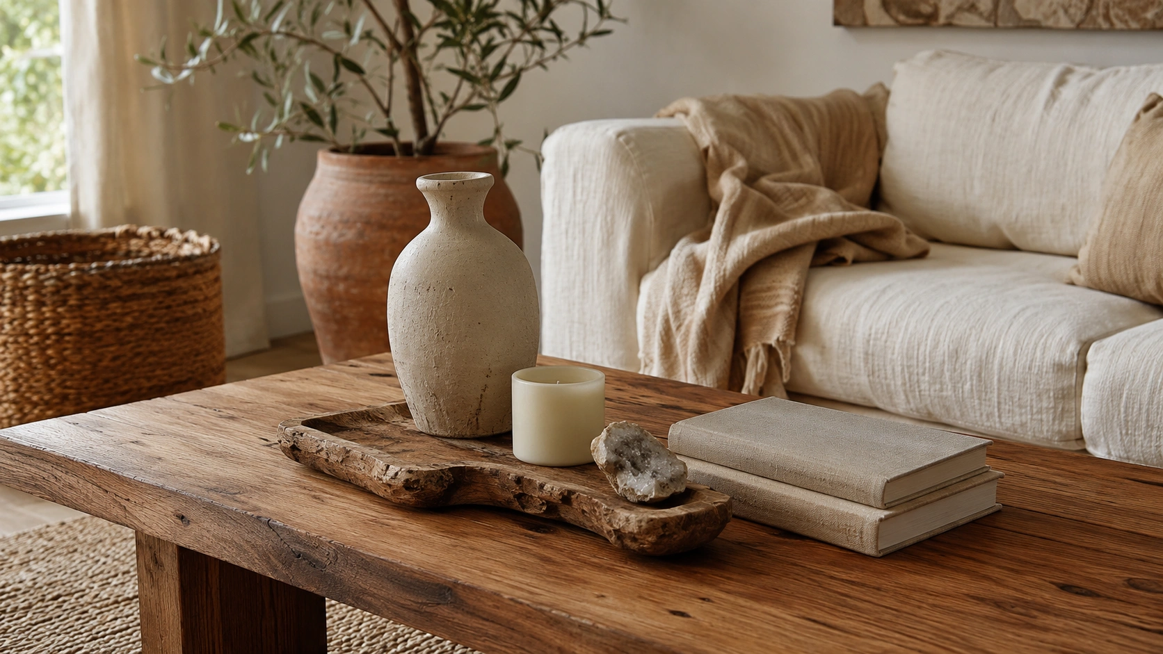 Rustic wood coffee table styled with ceramic vase, candle, geode, linen books, and earthy natural decor.