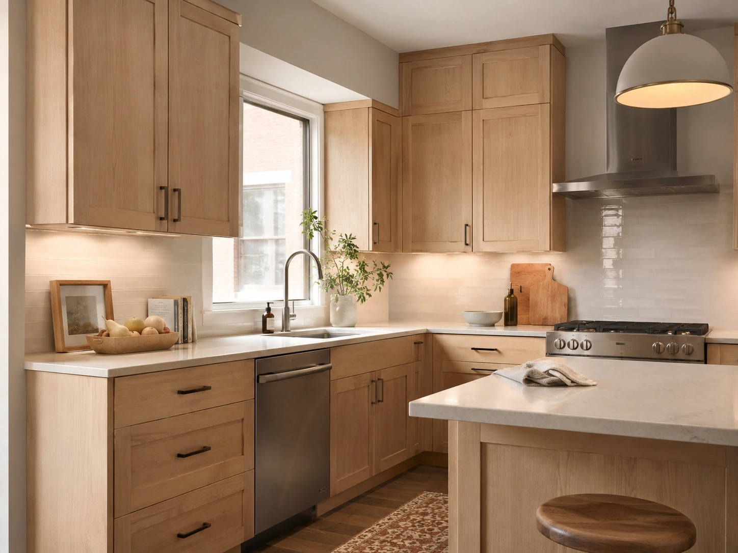 Natural honey clear coat alder kitchen cabinets with white quartz counters and warm lighting