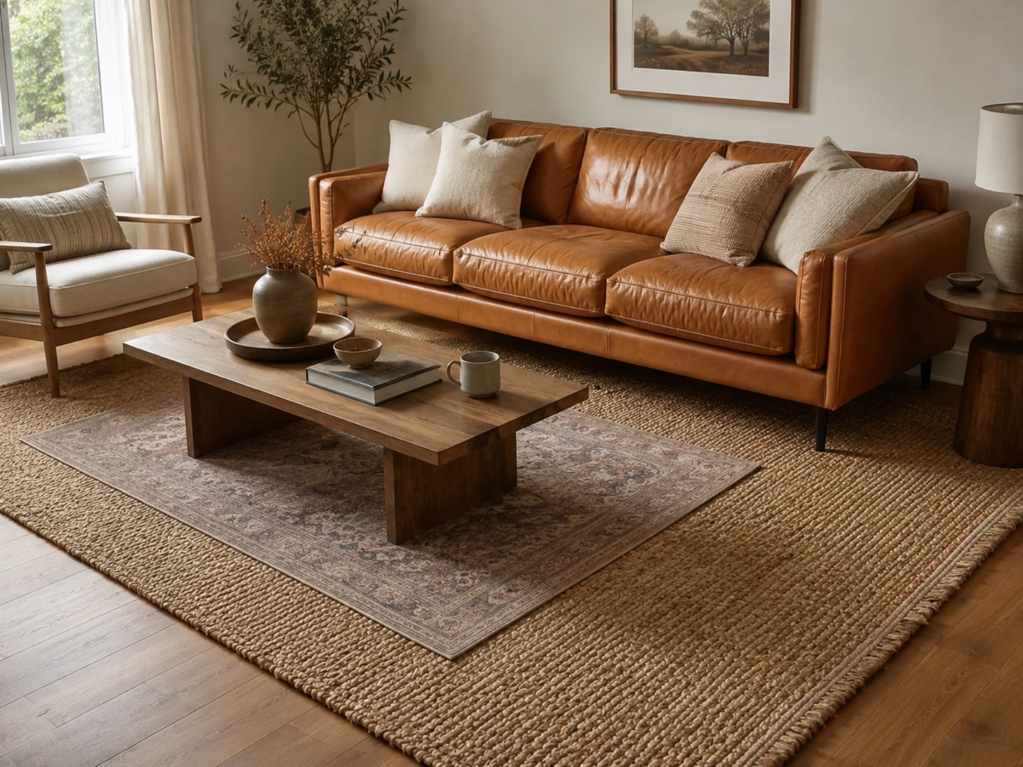 Tan leather sofa grounded by a natural jute area rug in a warm neutral living room