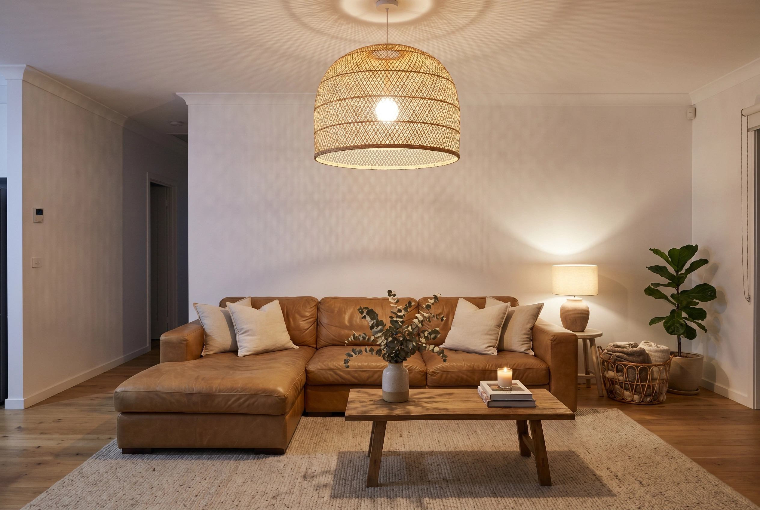 Natural rattan pendant light hanging over a warm living room with a brown leather sectional sofa.