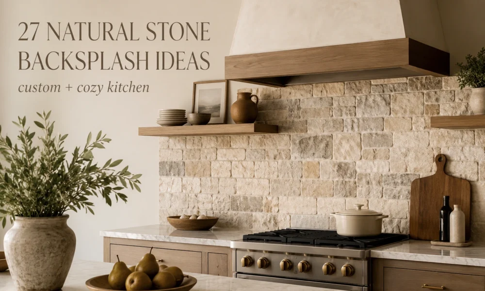 Cozy kitchen with natural stone backsplash, wood shelves, marble counters, and warm neutral styling.