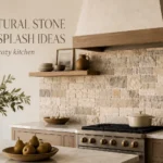 Cozy kitchen with natural stone backsplash, wood shelves, marble counters, and warm neutral styling.